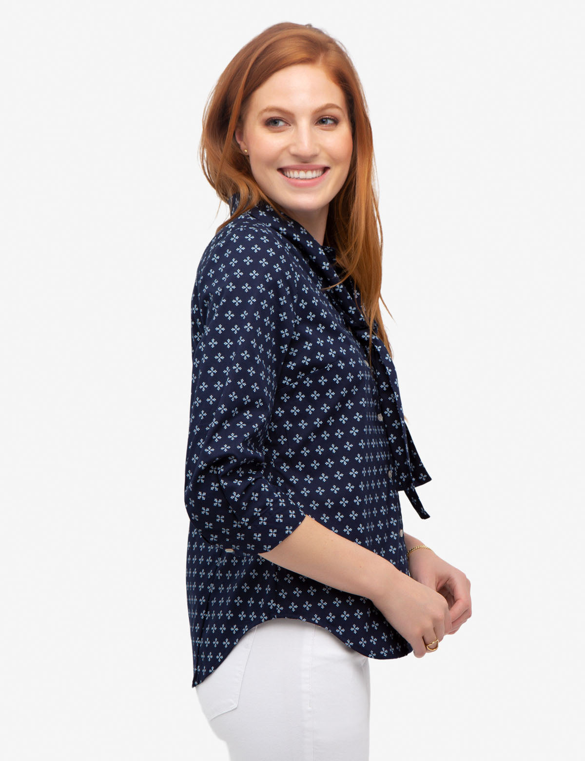 Tie Front Collar Shirt with All Over Print | Cotton & Spandex