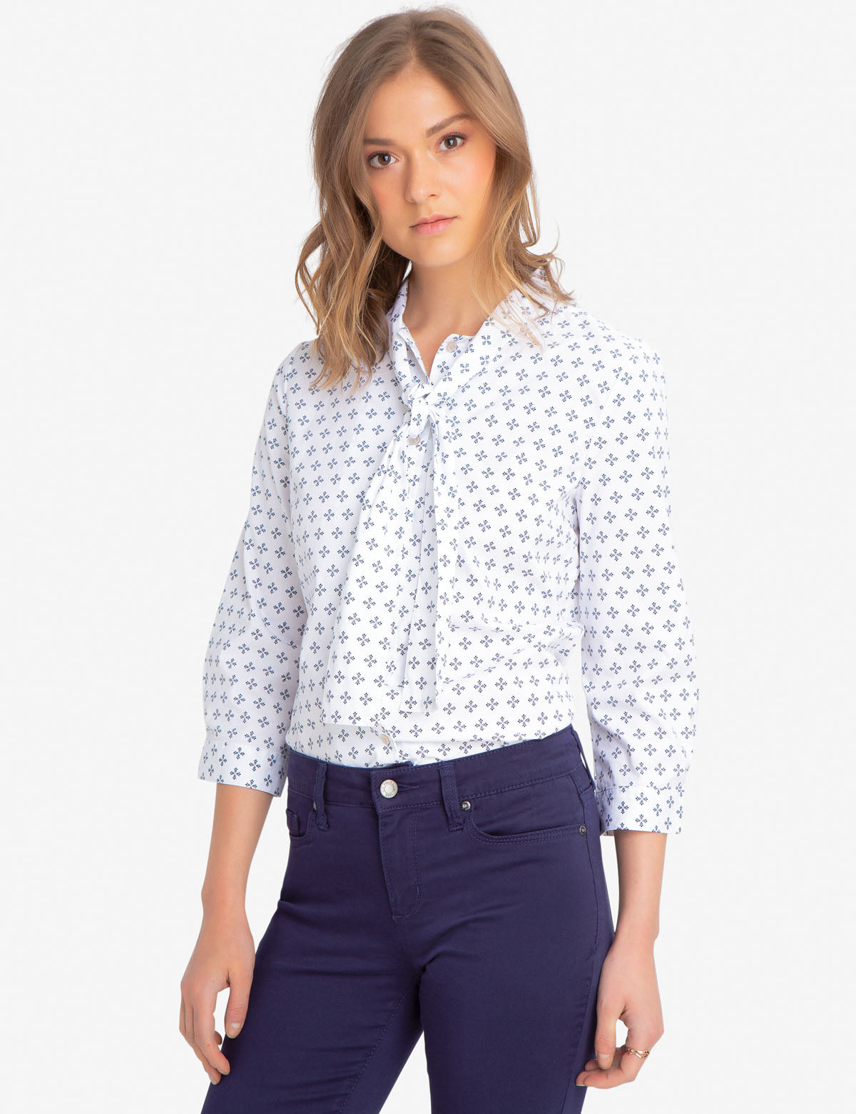 Tie Front Collar Shirt with All Over Print | Cotton & Spandex