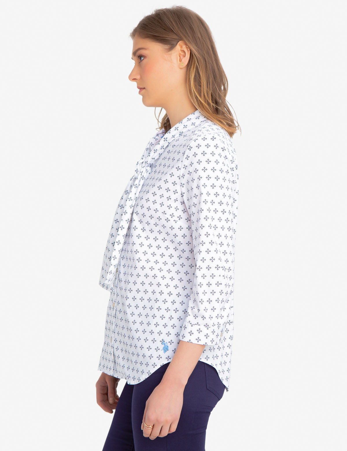 Tie Front Collar Shirt with All Over Print | Cotton & Spandex