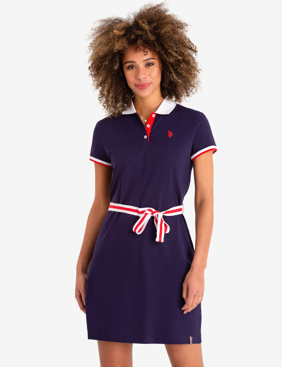 Tie Front Polo Dress with Contrast Collar & Belt | Cotton Blend