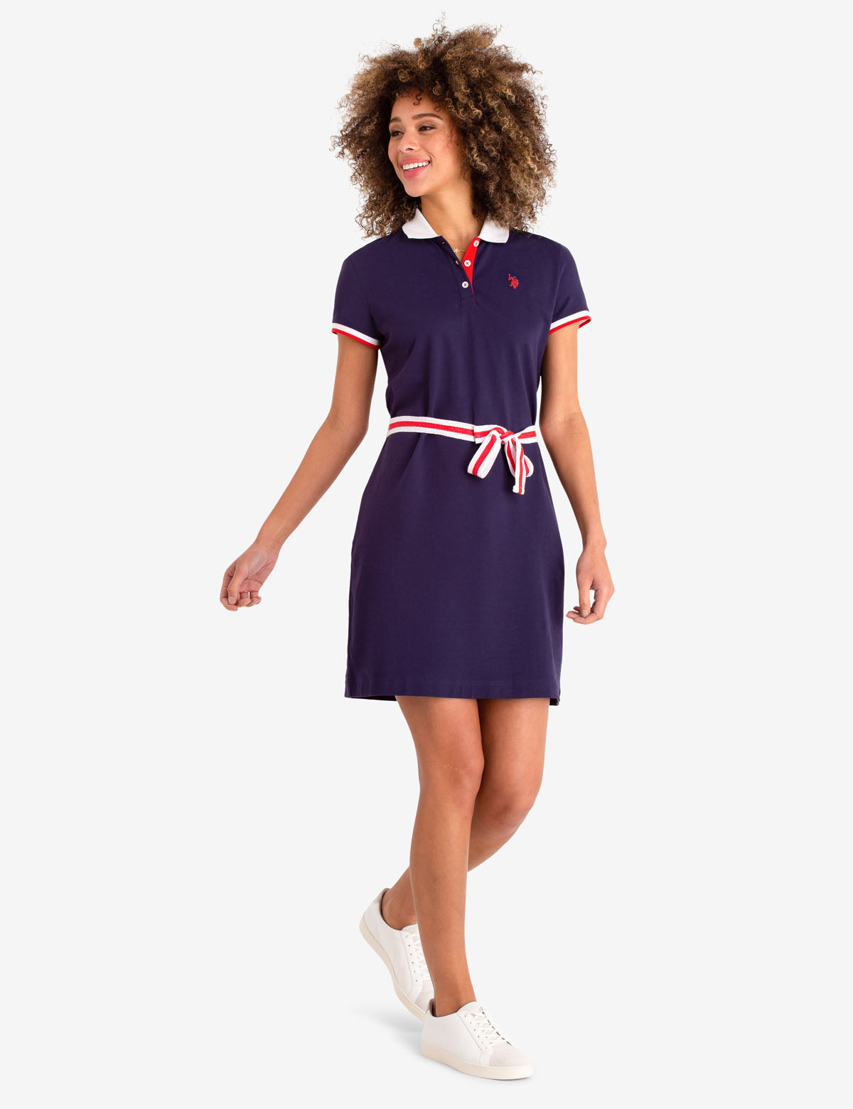 Tie Front Polo Dress with Contrast Collar & Belt | Cotton Blend
