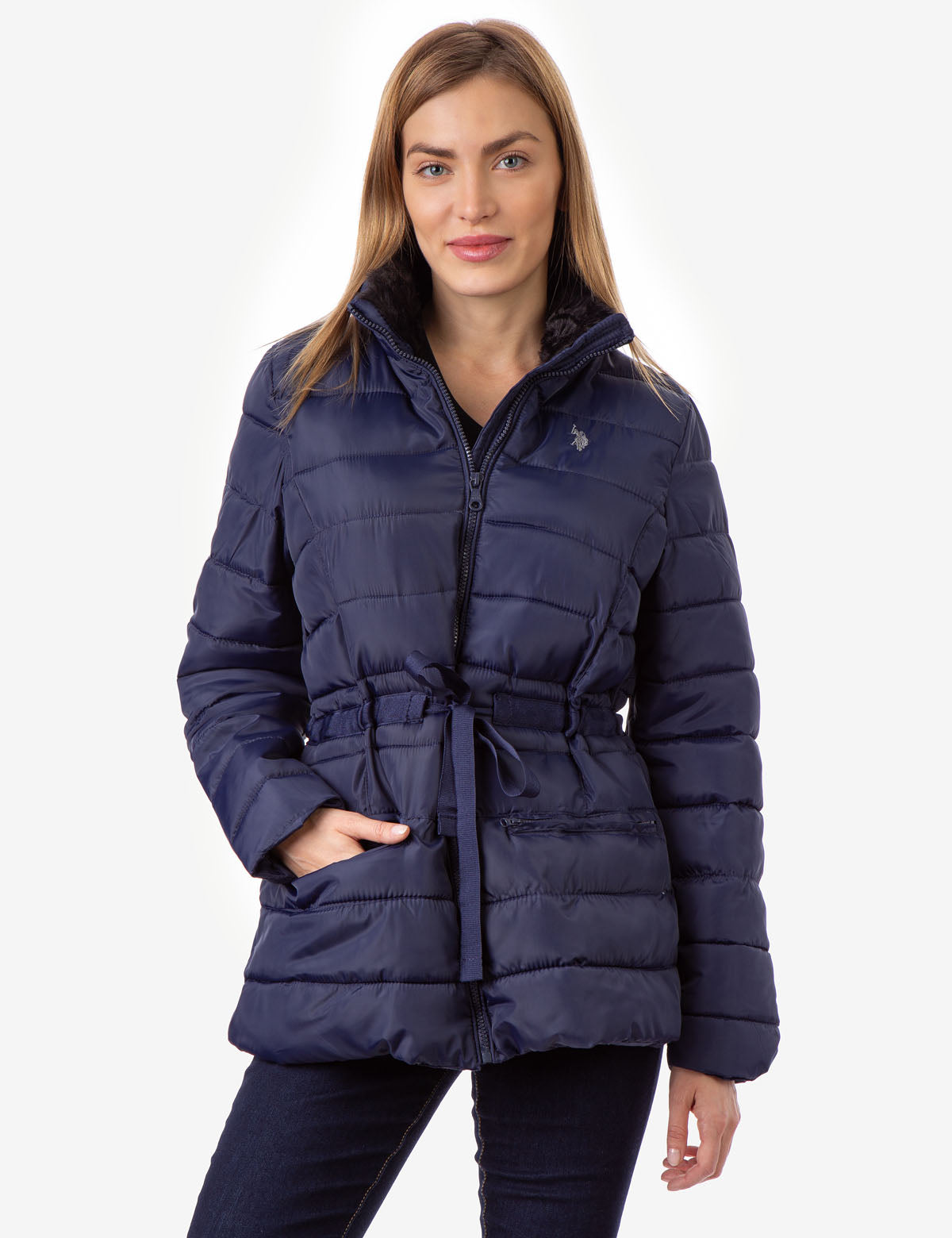 Faux Fur Puffer Jacket with Tie Waist & Zipper Pockets | Winter Coat
