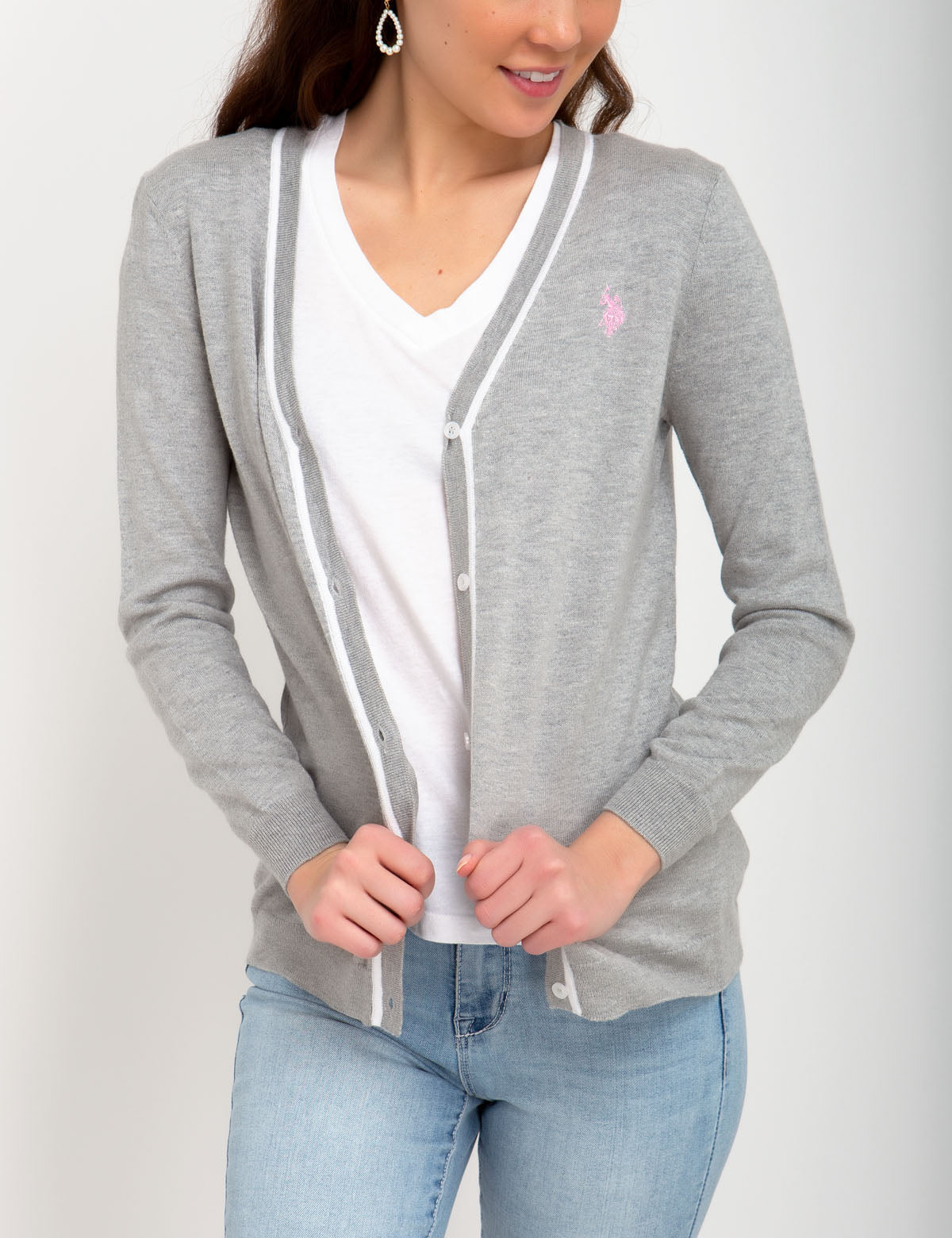 V-Neck Tipped Cardigan with Embroidered Logo | Cotton & Rayon Blend