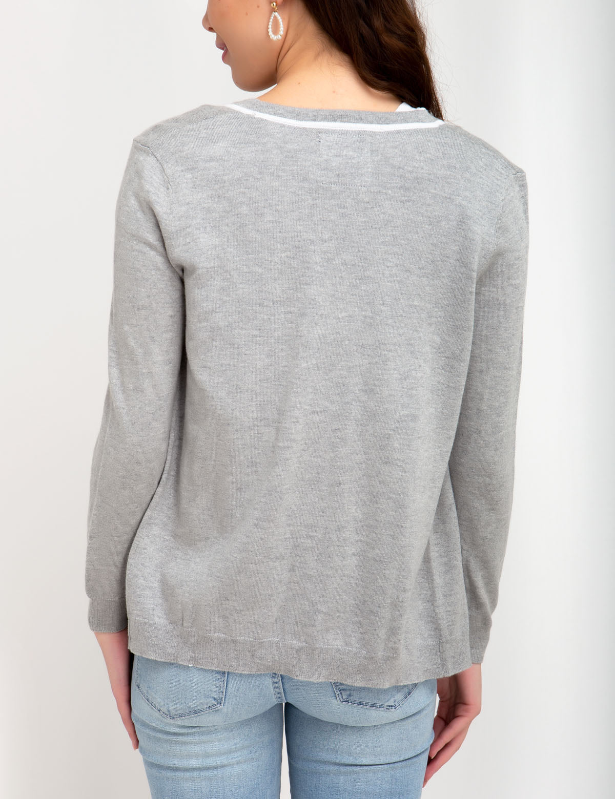 V-Neck Tipped Cardigan with Embroidered Logo | Cotton & Rayon Blend