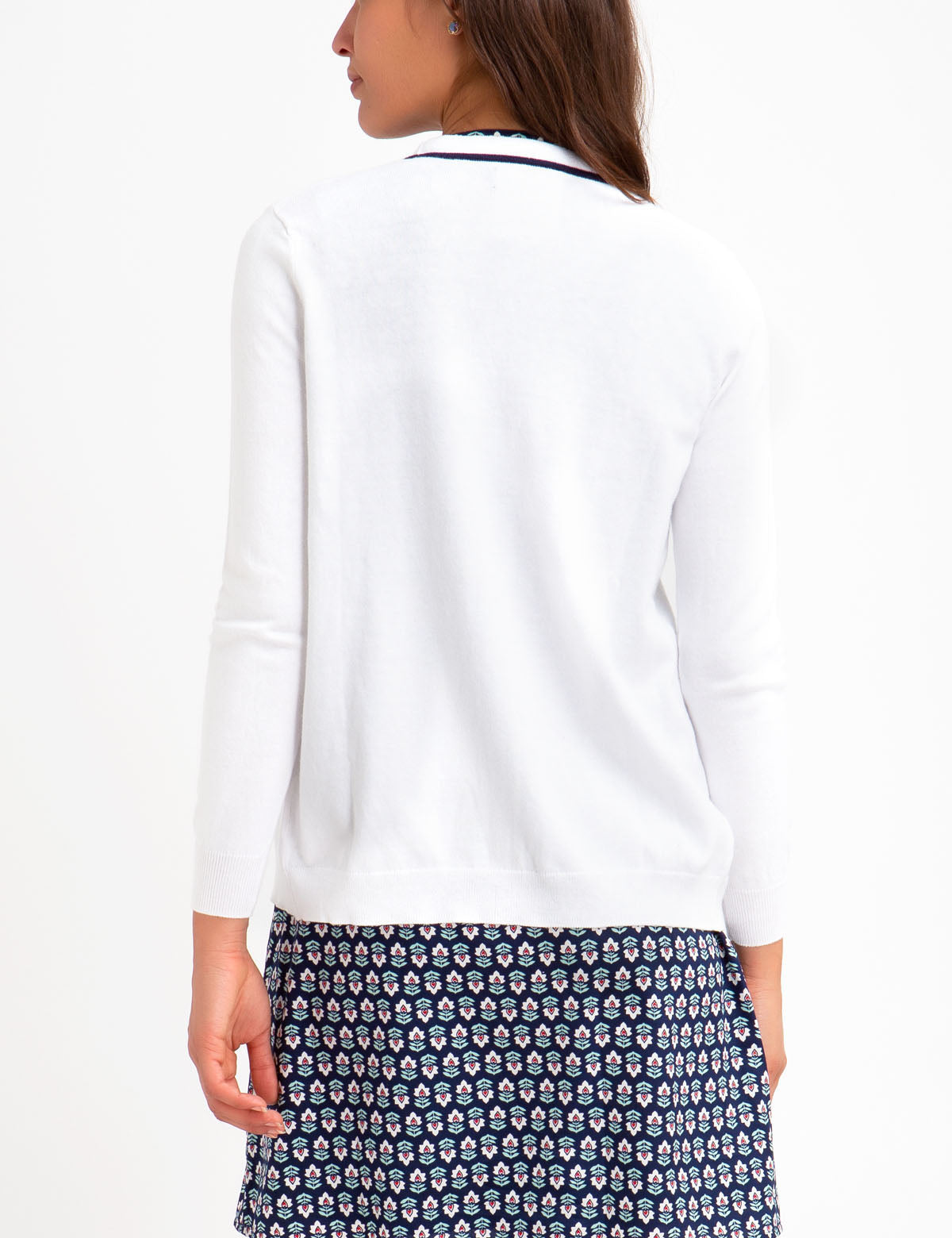 V-Neck Tipped Cardigan with Embroidered Logo | Cotton & Rayon Blend
