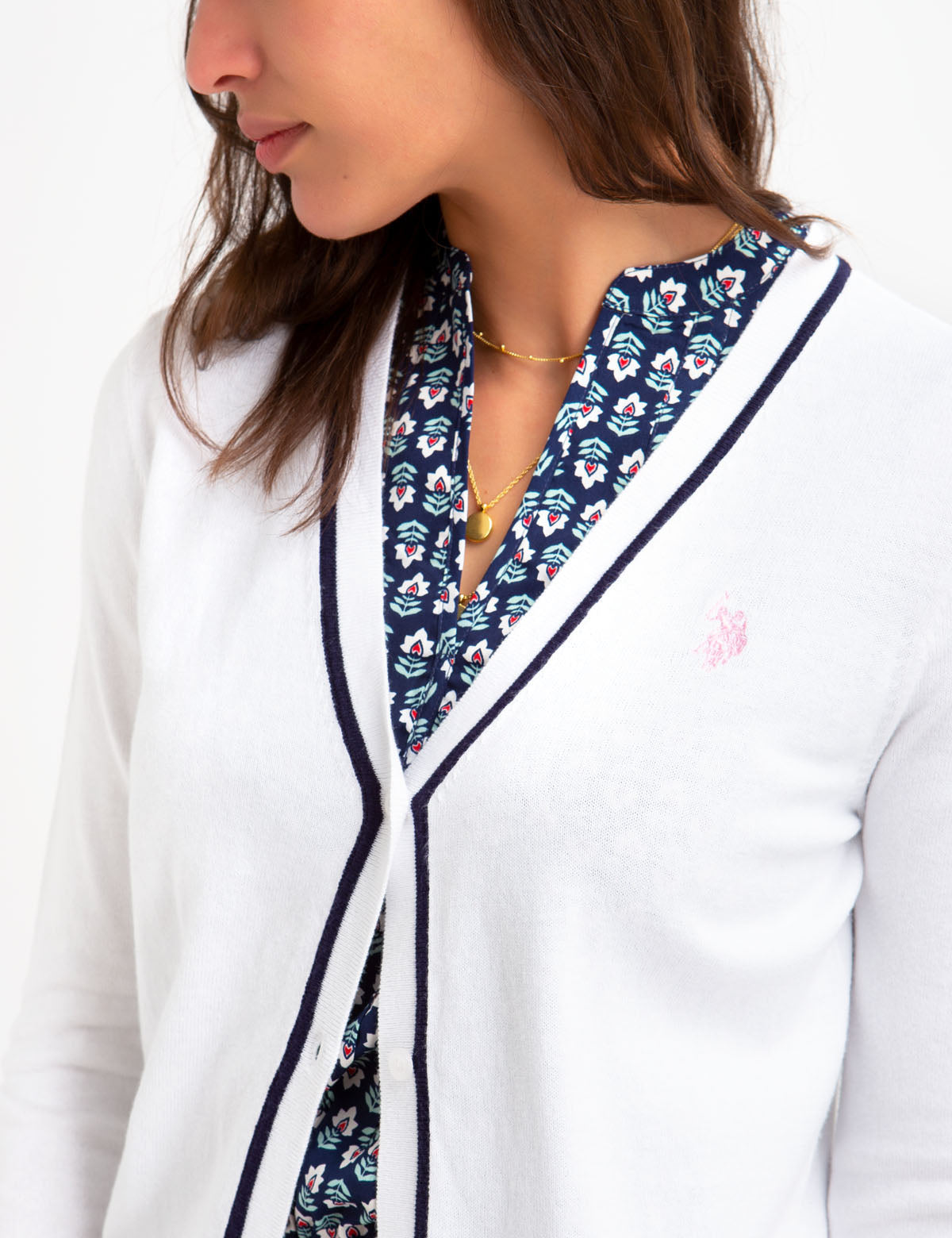 V-Neck Tipped Cardigan with Embroidered Logo | Cotton & Rayon Blend