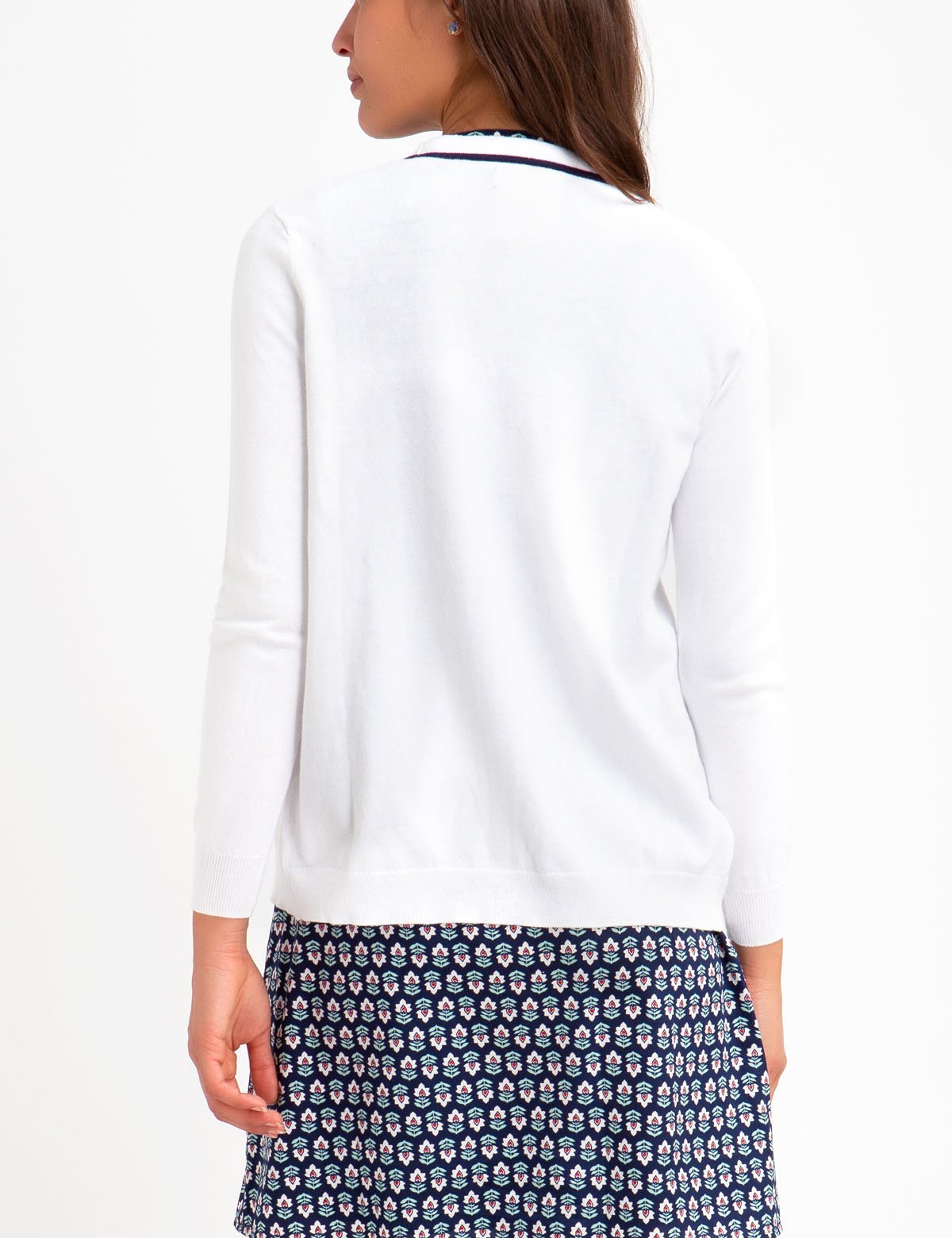 V-Neck Tipped Cardigan with Embroidered Logo | Cotton & Rayon Blend