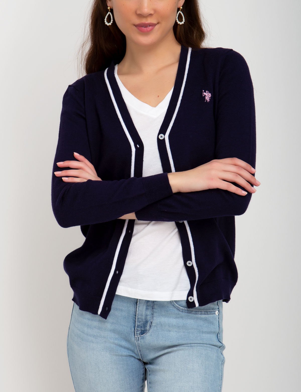 V-Neck Tipped Cardigan with Embroidered Logo | Cotton & Rayon Blend