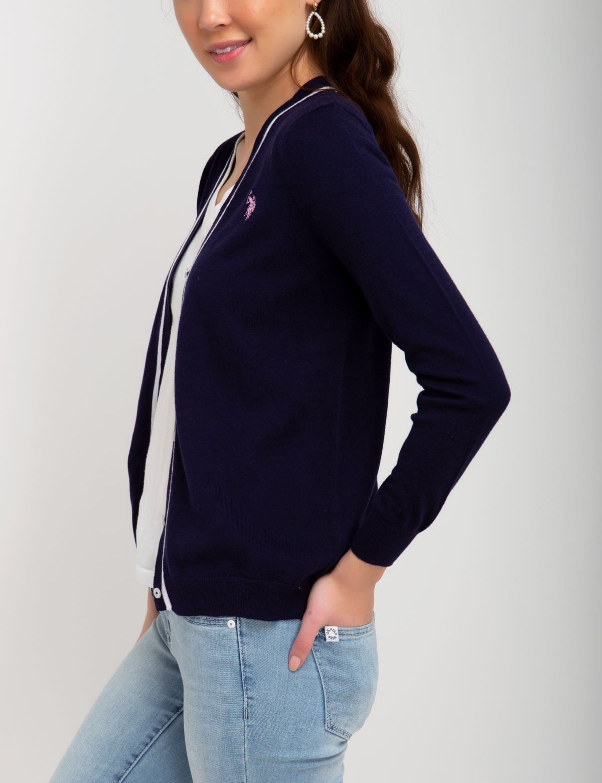 V-Neck Tipped Cardigan with Embroidered Logo | Cotton & Rayon Blend