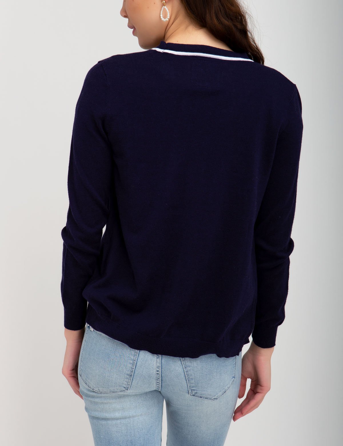 V-Neck Tipped Cardigan with Embroidered Logo | Cotton & Rayon Blend