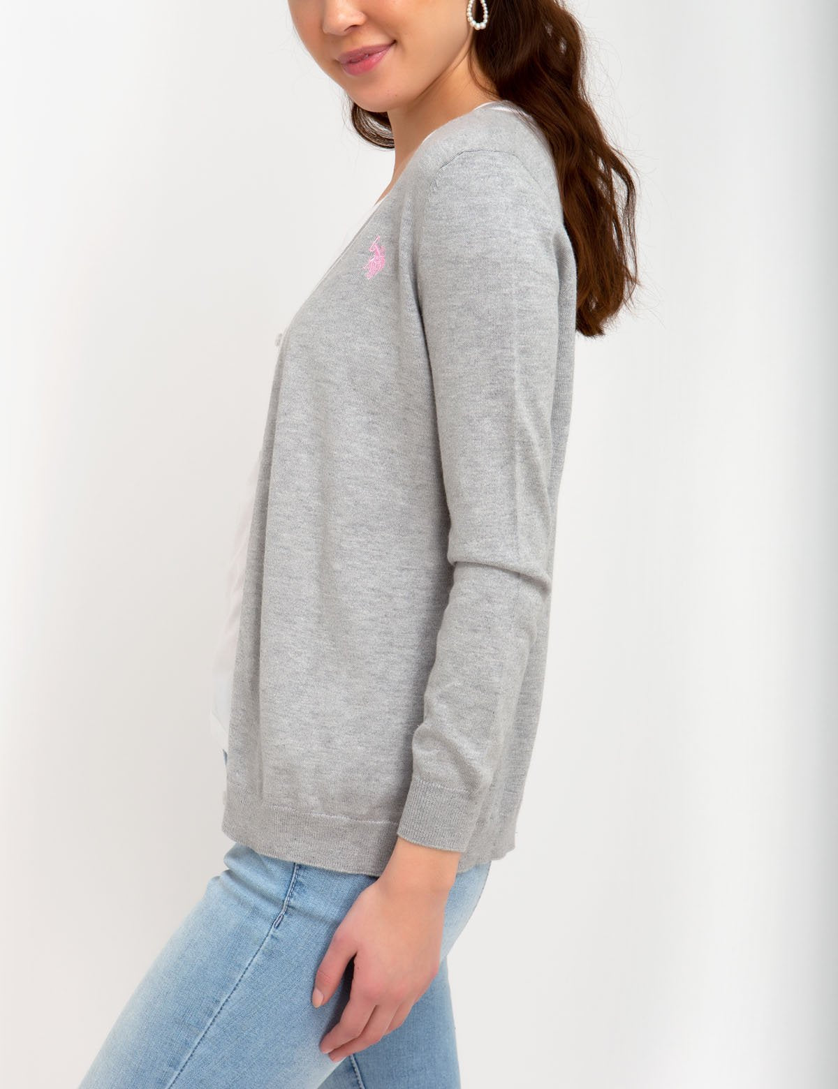 V-Neck Tipped Cardigan with Embroidered Logo | Cotton & Rayon Blend