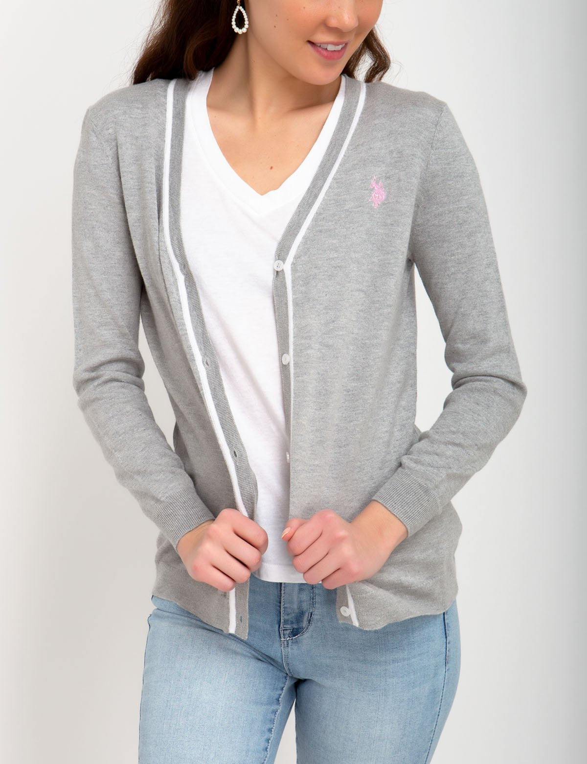 V-Neck Tipped Cardigan with Embroidered Logo | Cotton & Rayon Blend