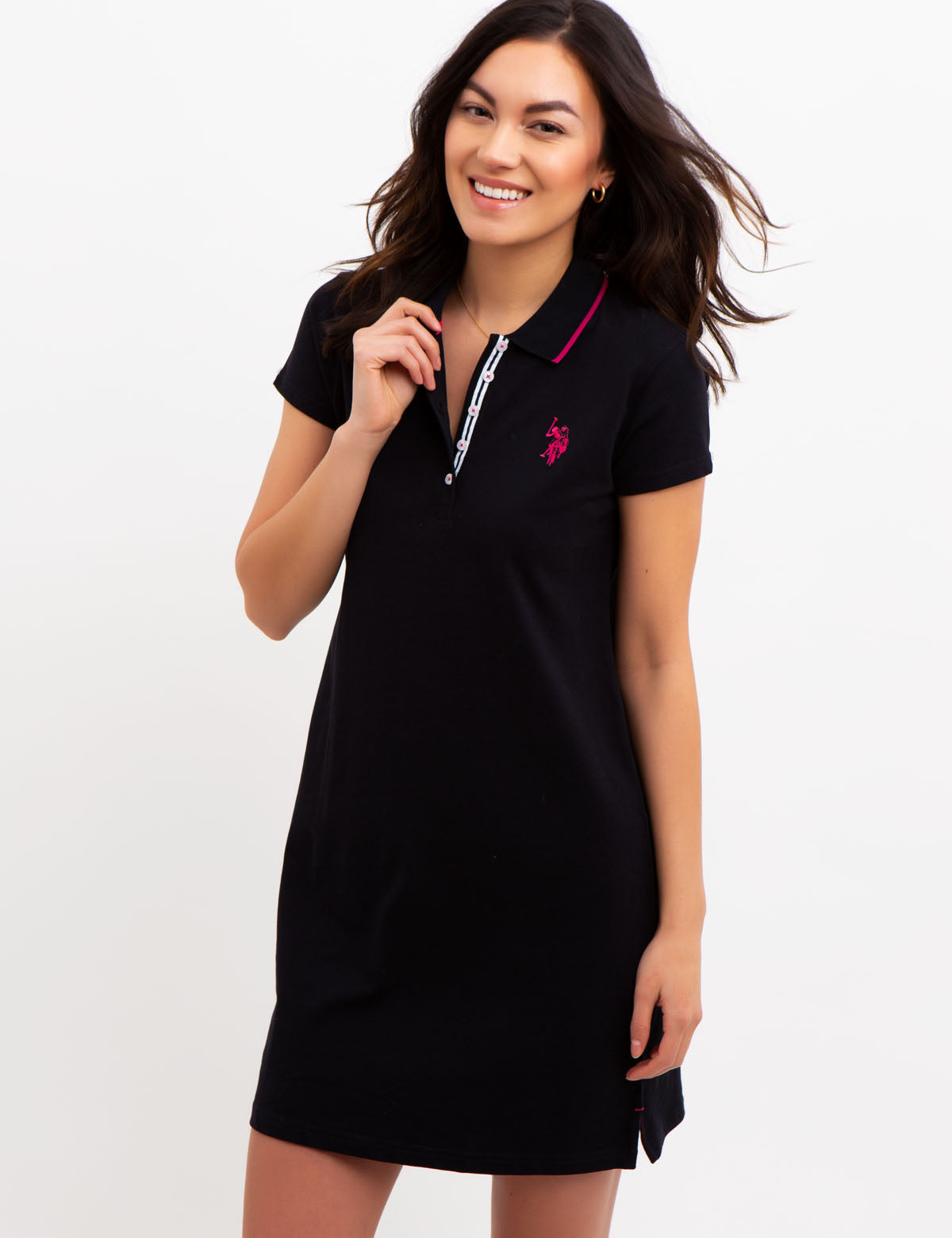 Tipped Polo Dress with Short Sleeves & Embroidered Logo | Cotton Blend