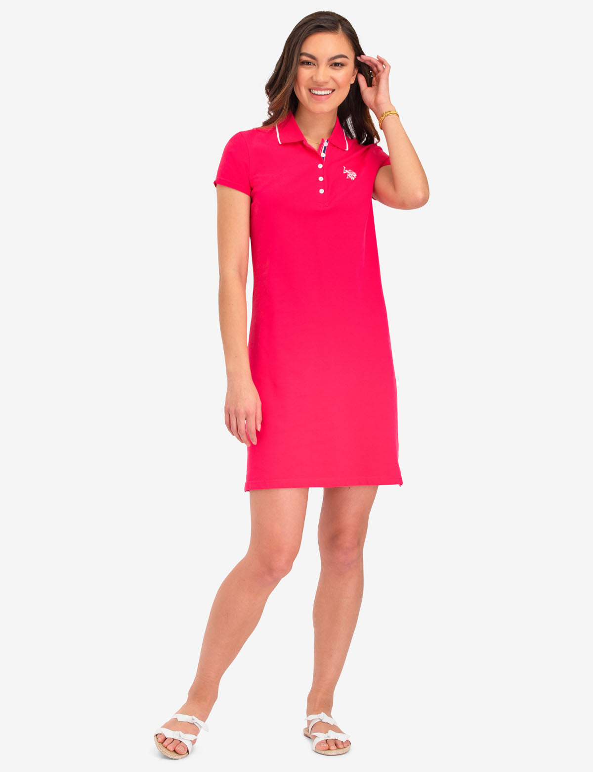 Tipped Polo Dress with Short Sleeves & Embroidered Logo | Cotton Blend
