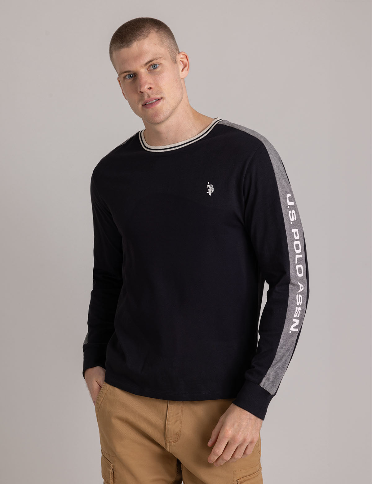 Tipped Long Sleeve T-Shirt with Wordmark Design | Comfort Fit