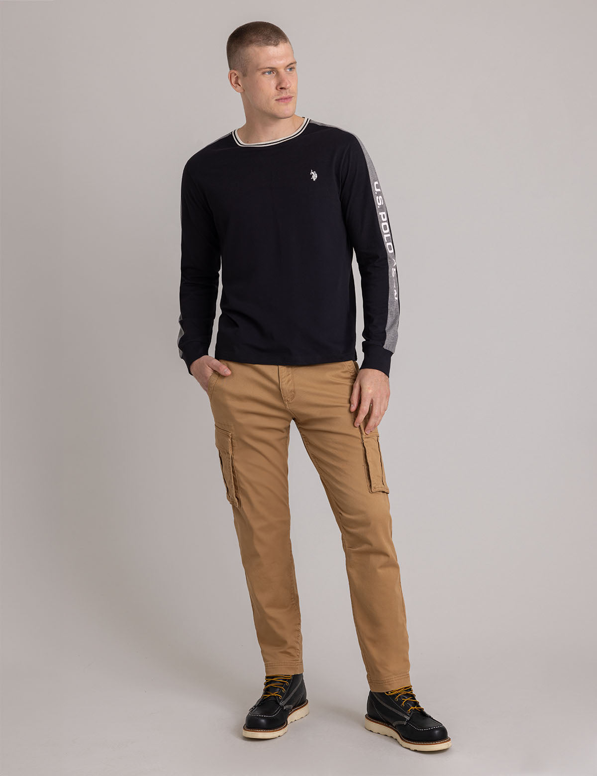 Tipped Long Sleeve T-Shirt with Wordmark Design | Comfort Fit