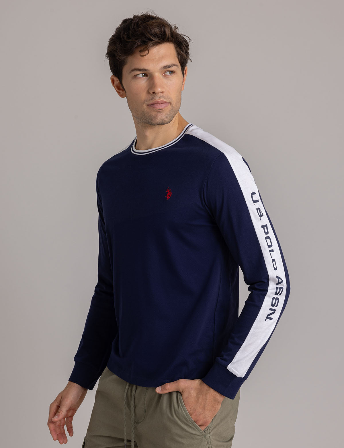 Tipped Long Sleeve T-Shirt with Wordmark Design | Comfort Fit