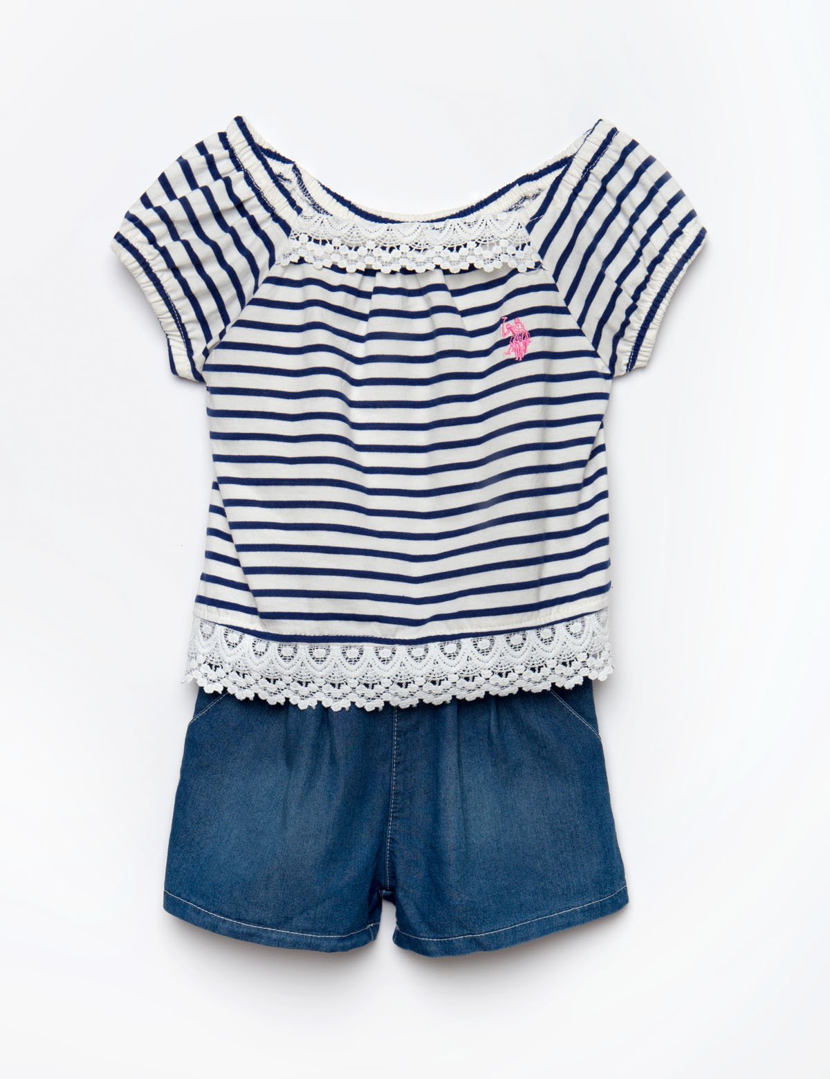 Toddler Navy & Vanilla Romper with Puffy Sleeves | Embroidered Detail
