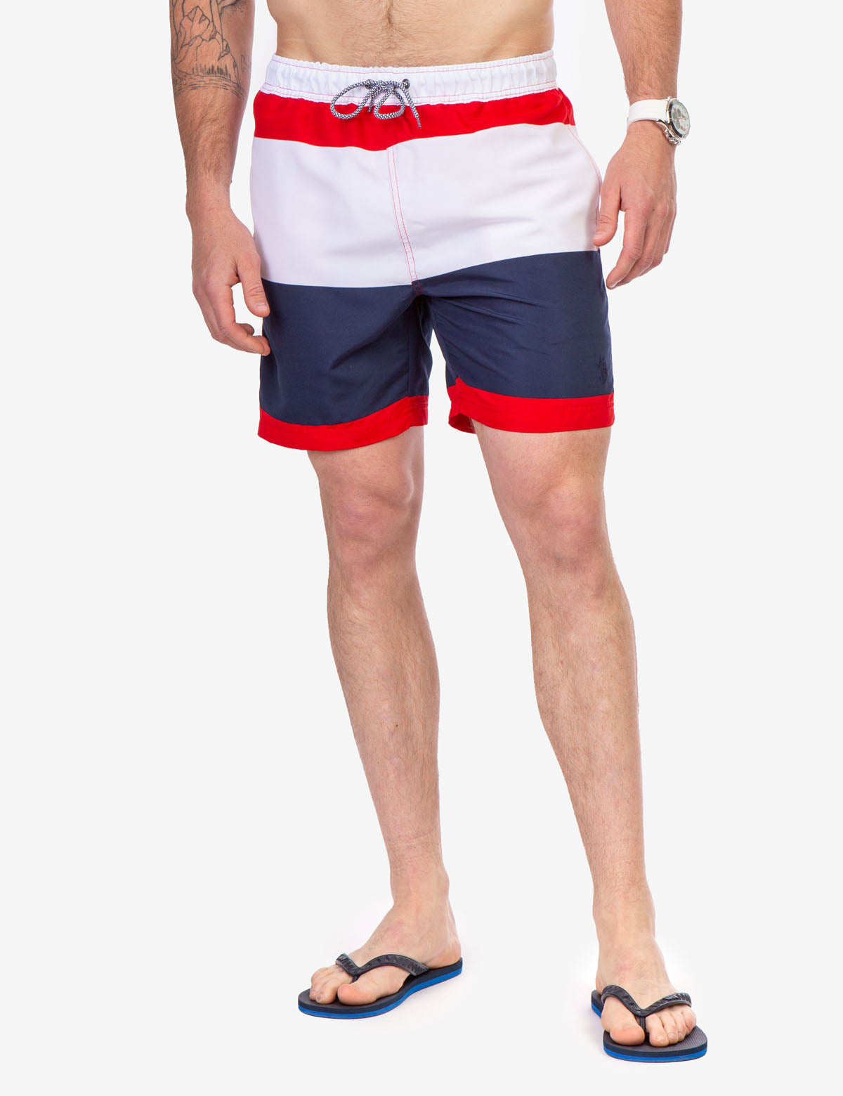 Tri-Color Swim Trunks with Elastic Waistband & Pockets | 7" Inseam