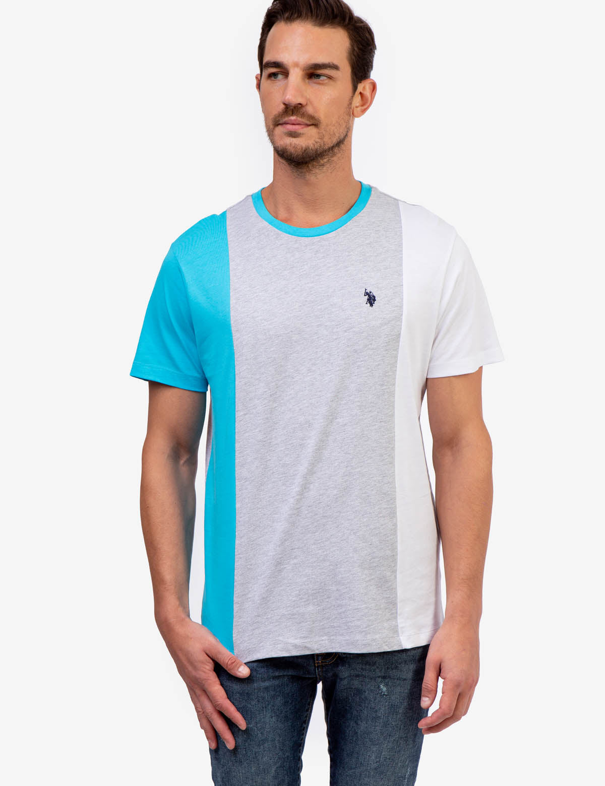 Tri Colorblock T-Shirt with Embroidered Logo & Crew Neck | Casual Short Sleeve