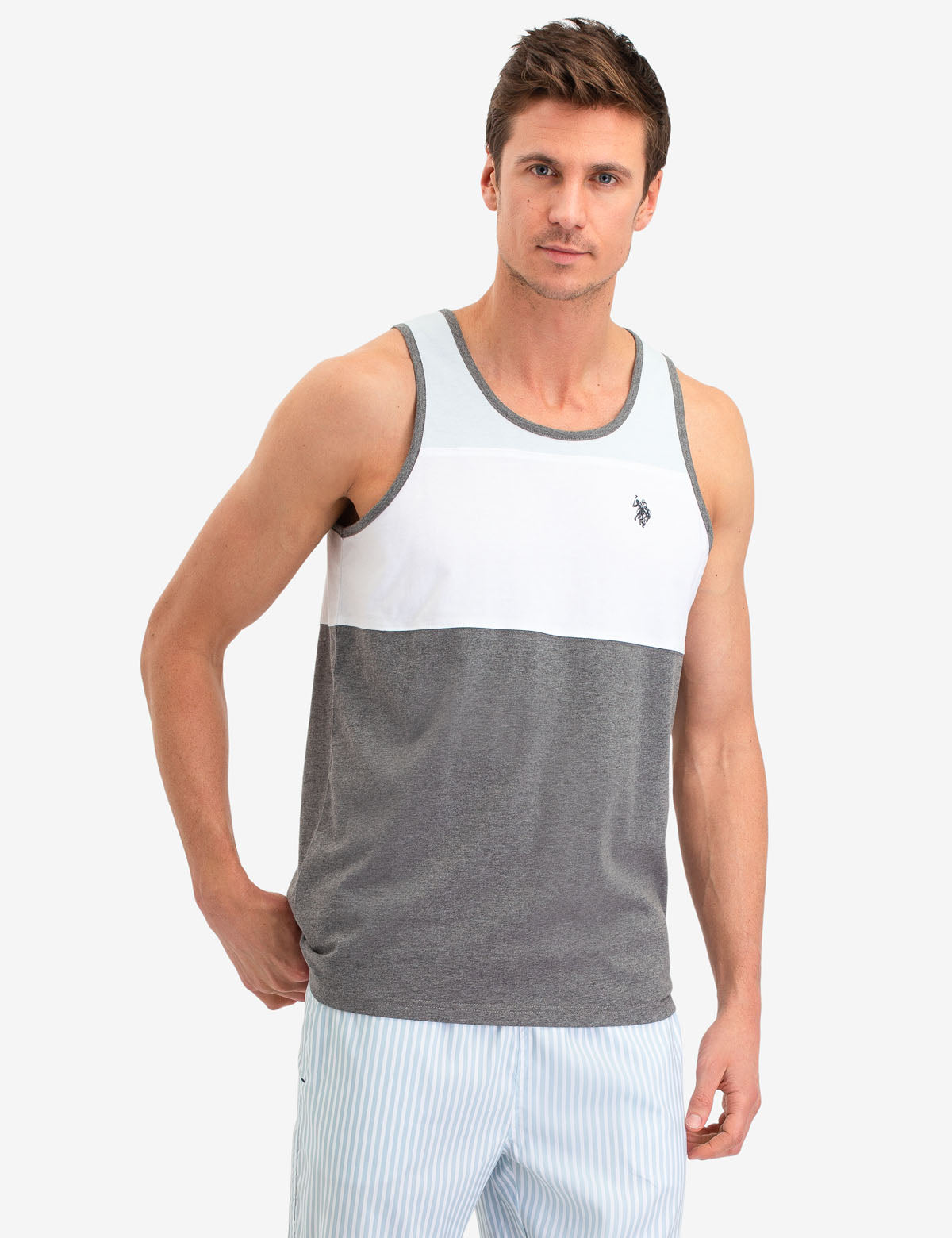 Tri Color Block Sleeveless Tank Top with Crew Neck | Small Logo