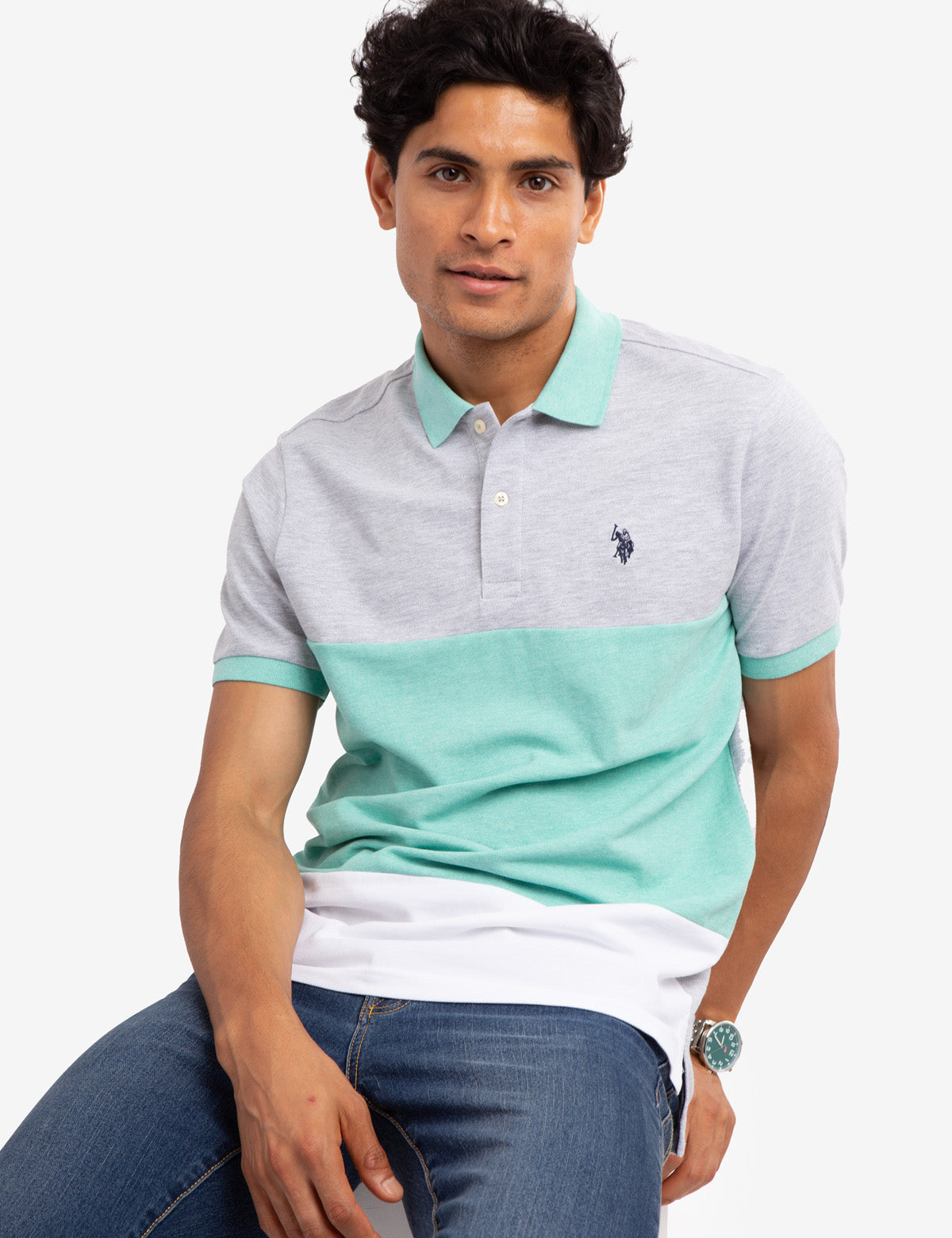 Tri-Color Block Polo Shirt with Contrast Collar & Rib Cuffs