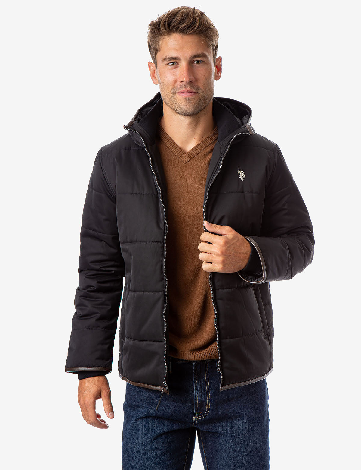Trim Hooded Puffer Jacket with Faux Leather Details | Waterproof Winter Coat