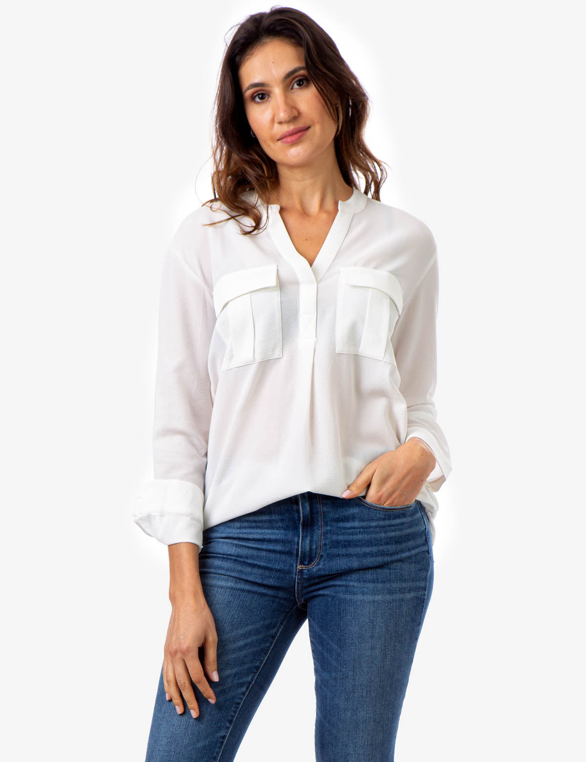 Solid Utility Shirt with Two Pockets & V-Neck | Lightweight Long Sleeve