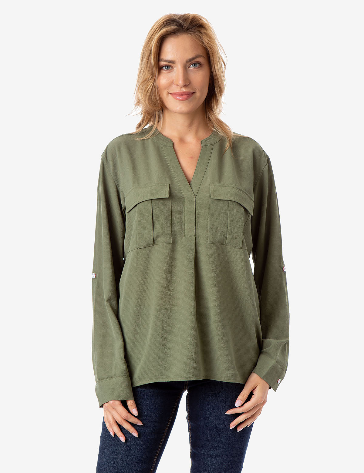 Solid Utility Shirt with Two Pockets & V-Neck | Lightweight Long Sleeve
