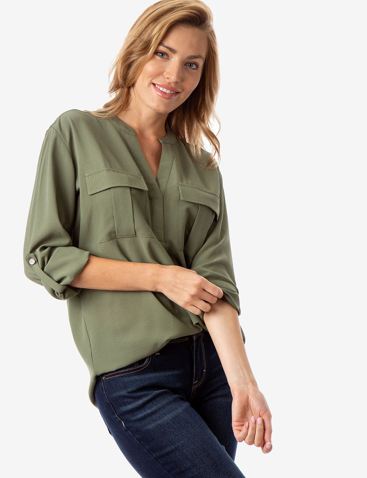 Solid Utility Shirt with Two Pockets & V-Neck | Lightweight Long Sleeve