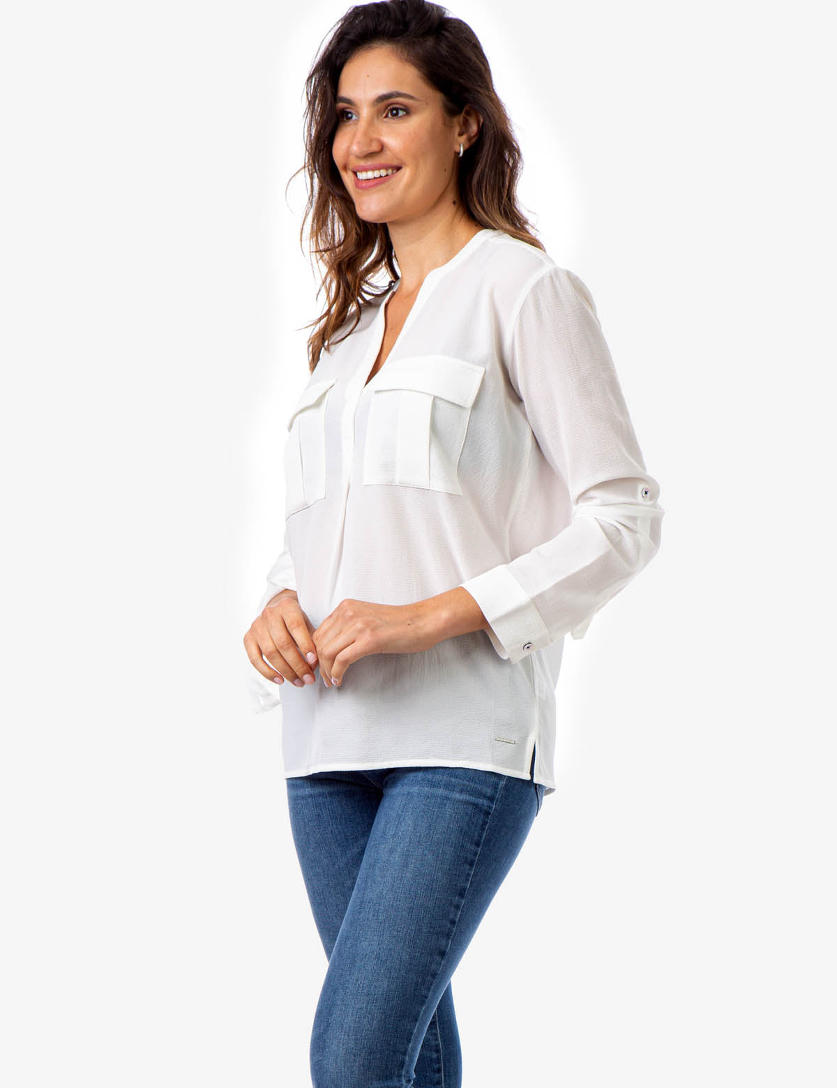 Solid Utility Shirt with Two Pockets & V-Neck | Lightweight Long Sleeve