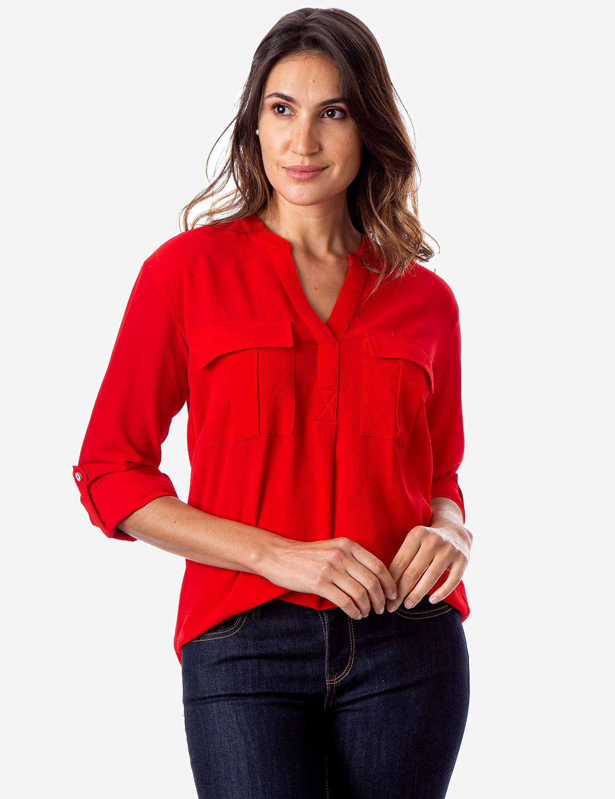 Solid Utility Shirt with Two Pockets & V-Neck | Lightweight Long Sleeve