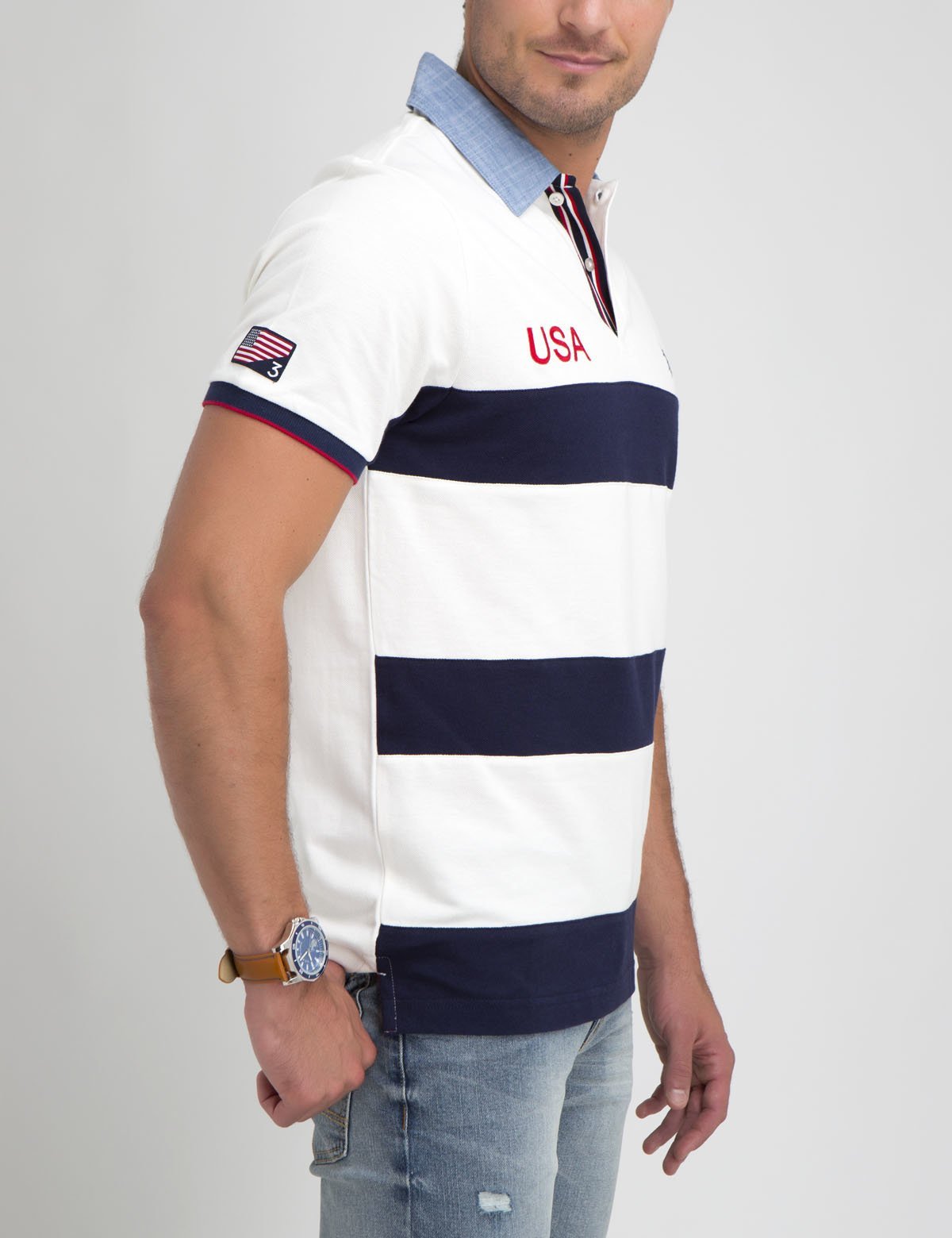Oxford Striped Polo Shirt with Button Collar | USA Made