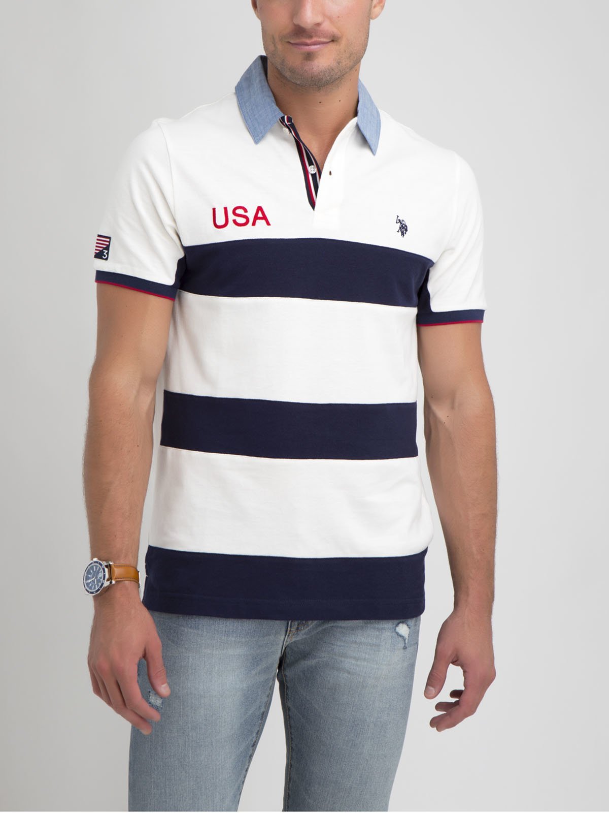 Oxford Striped Polo Shirt with Button Collar | USA Made