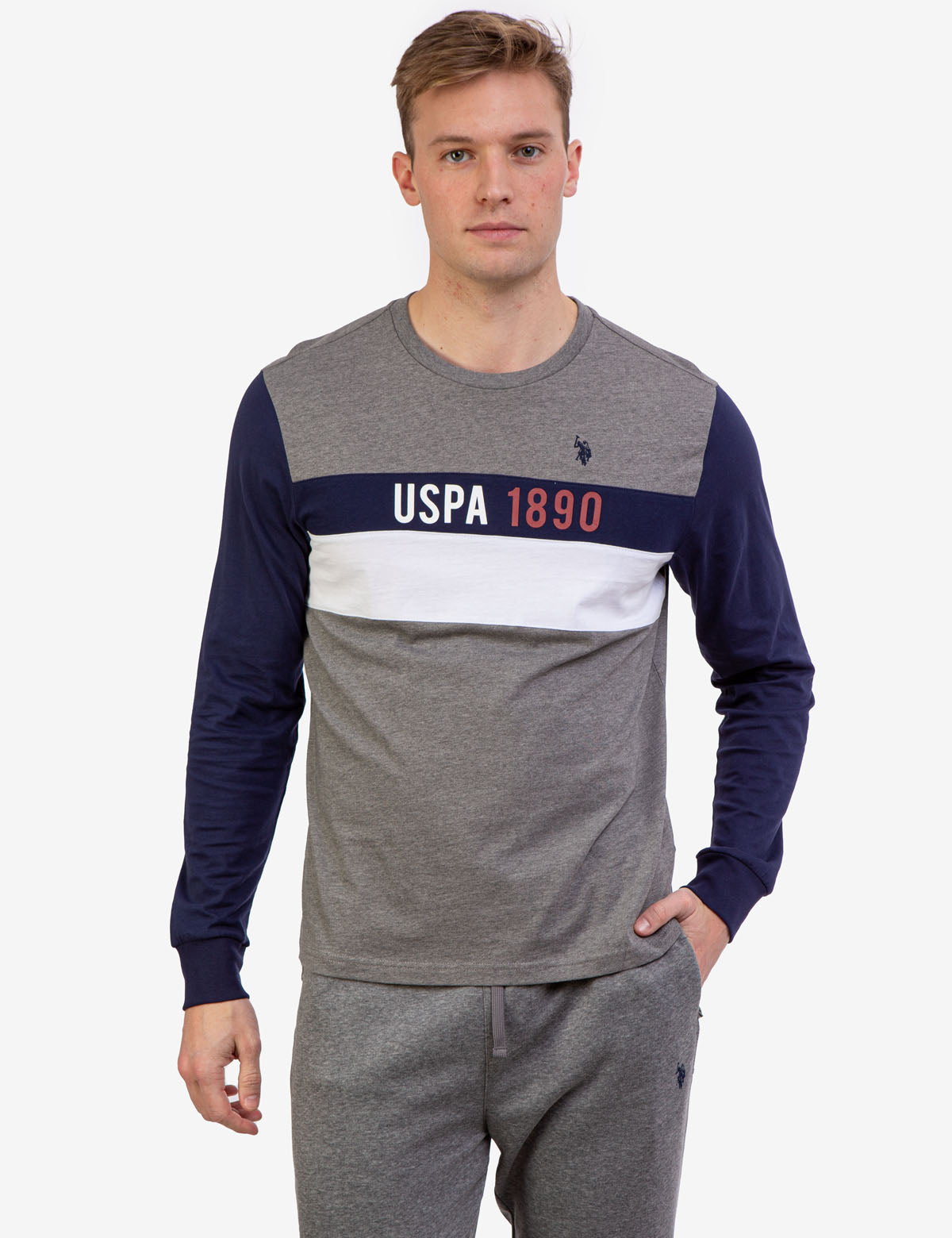 Colorblock Long Sleeve T-Shirt with Contrast Logo | USPA 1890