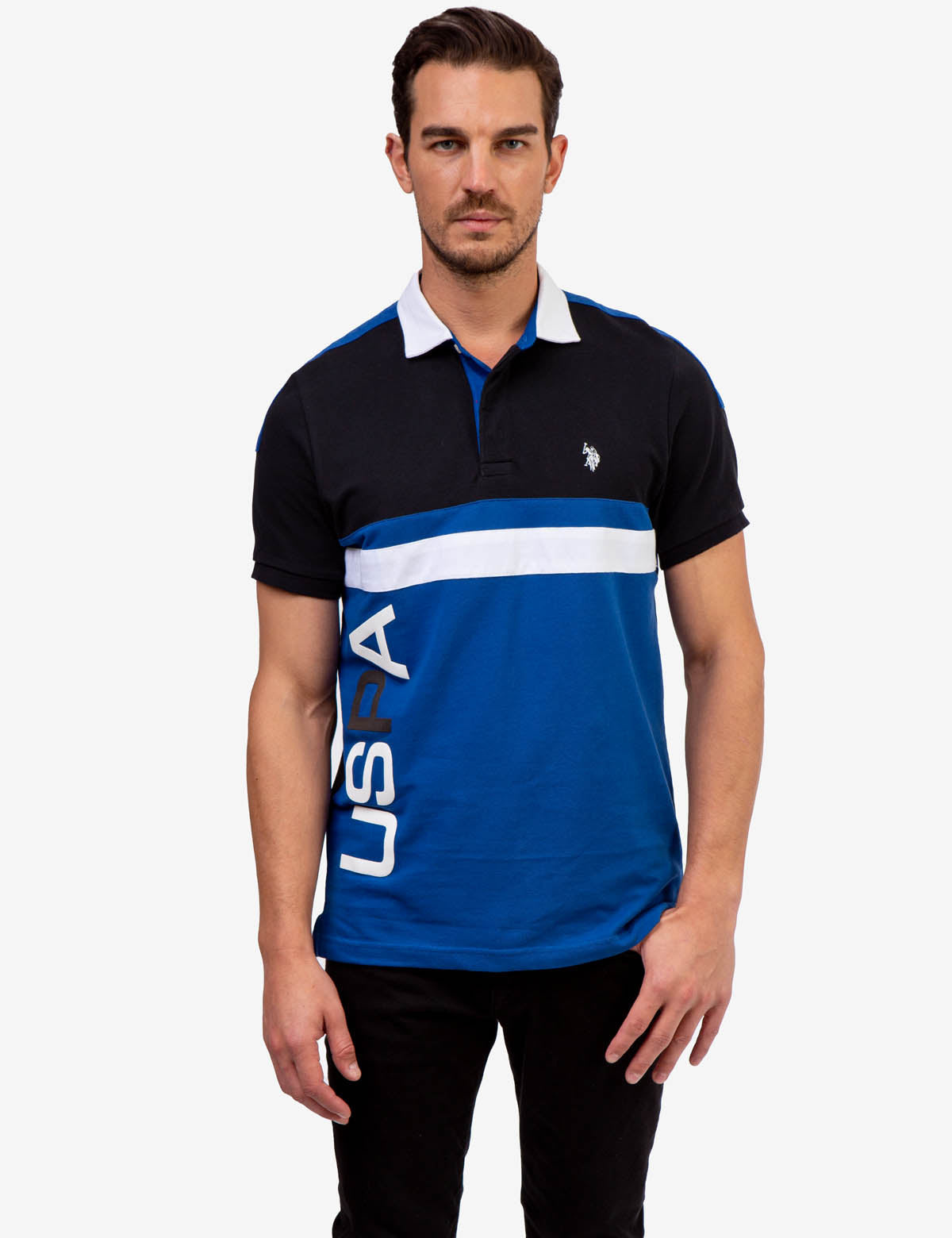 Colorblock Polo Shirt with Contrast Collar & Striped Design | USPA