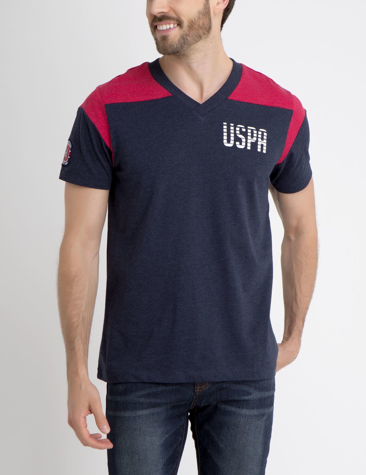 Colorblock V-Neck T-Shirt with USPA Logo | 100% Cotton Men's Tee