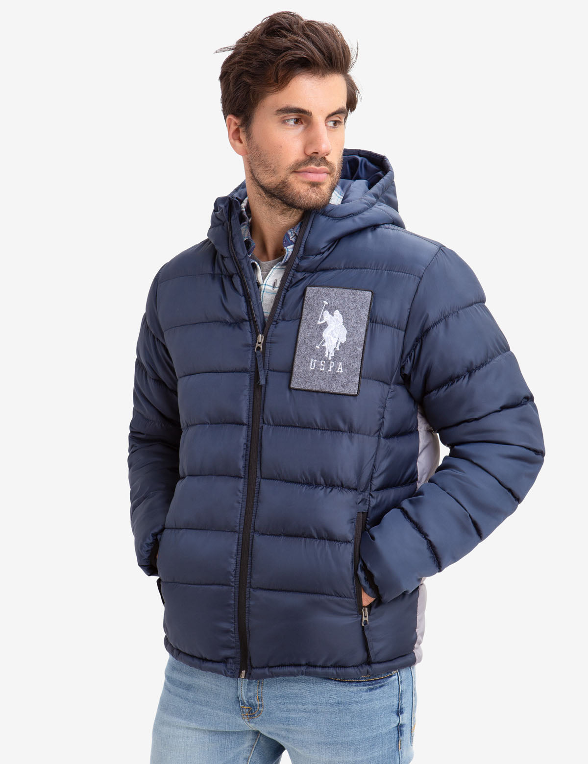 USPA Felt Patch Puffer Coat with Hood & Colorblock Design | U.S. Polo Assn.