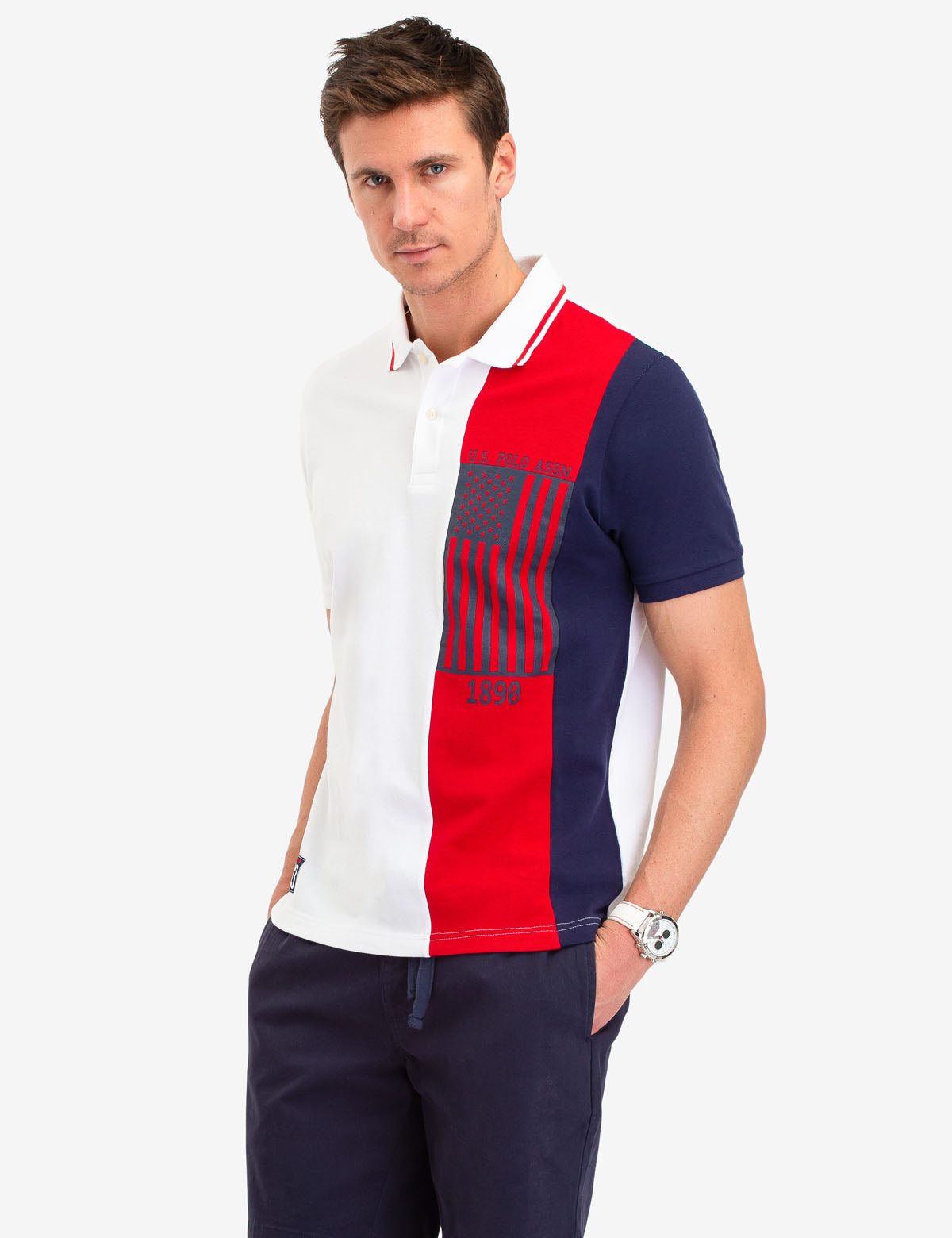 USPA Vertical Stripe Polo Shirt with Flag Logo | Button Placket