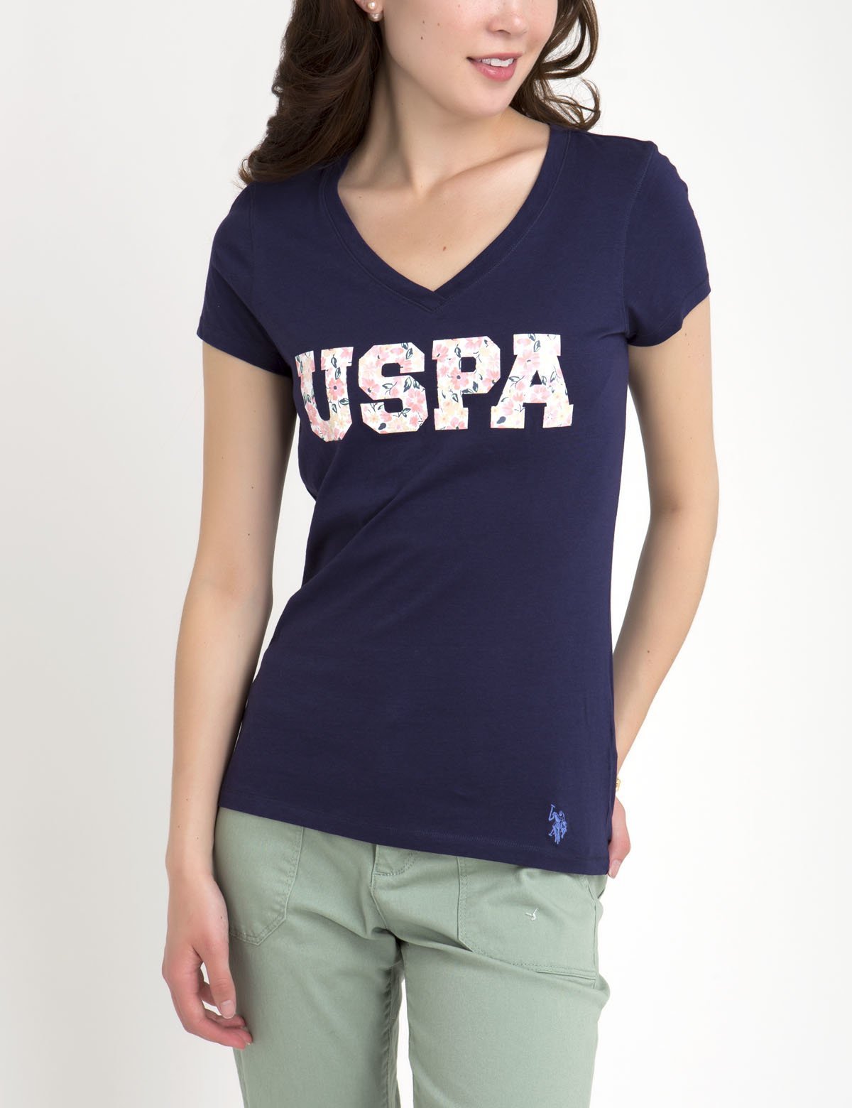 Floral V-Neck Cotton T-Shirt with USPA Logo | USPA