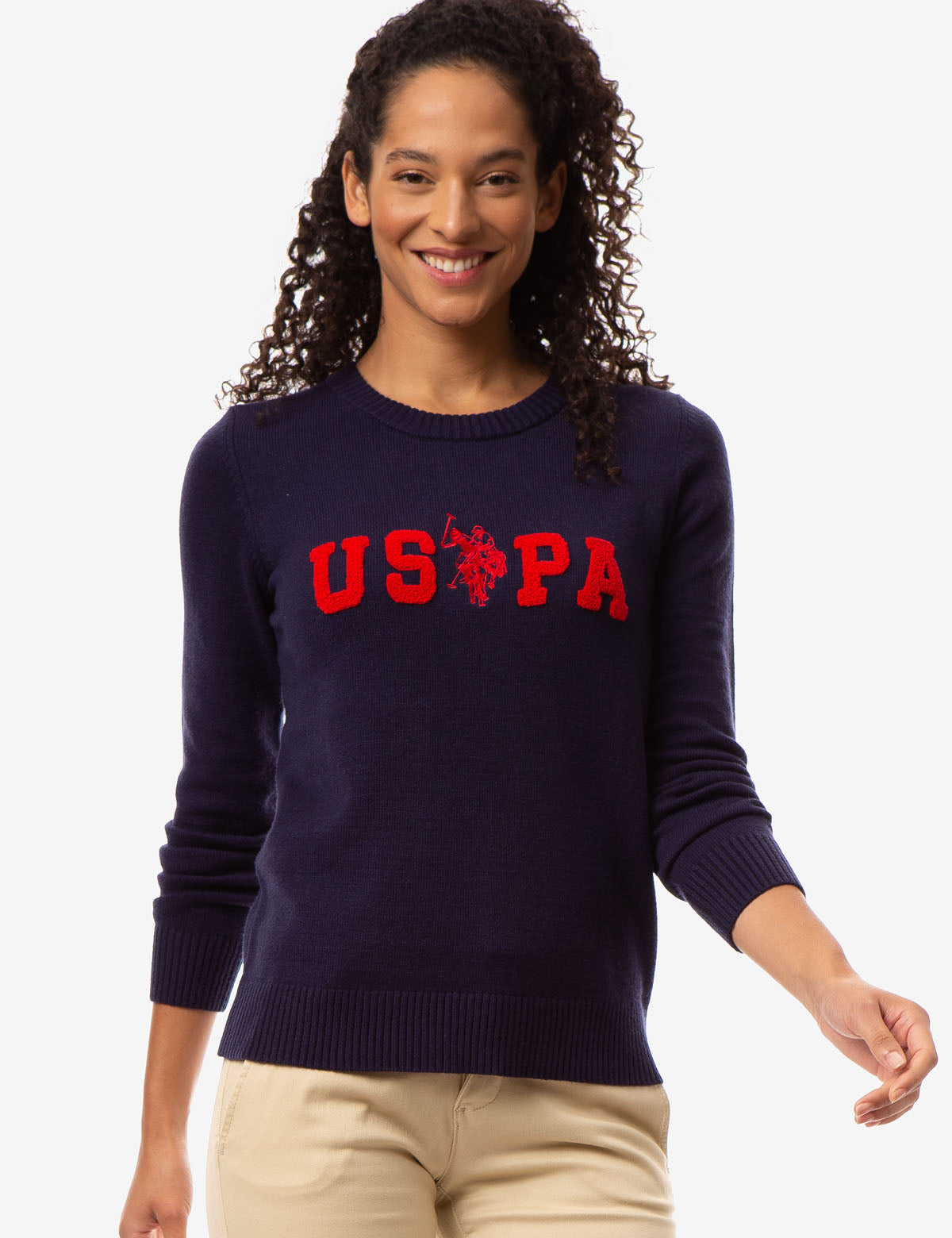 USPA Logo Crew Neck Sweater with Embroidered Lettering | Ribbed Knit