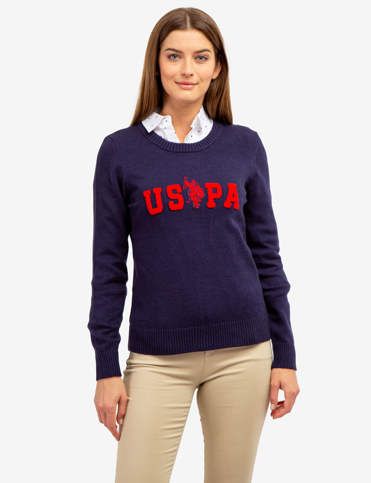 USPA Logo Crew Neck Sweater with Embroidered Lettering | Ribbed Knit