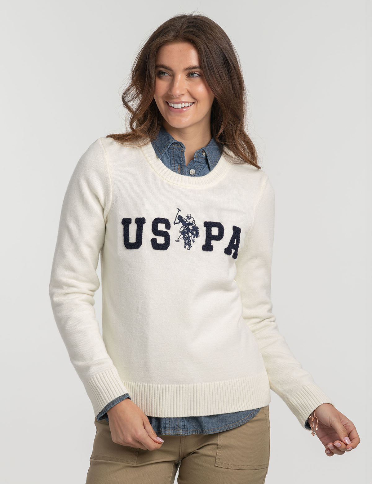 USPA Logo Crew Neck Sweater with Embroidered Lettering | Ribbed Knit