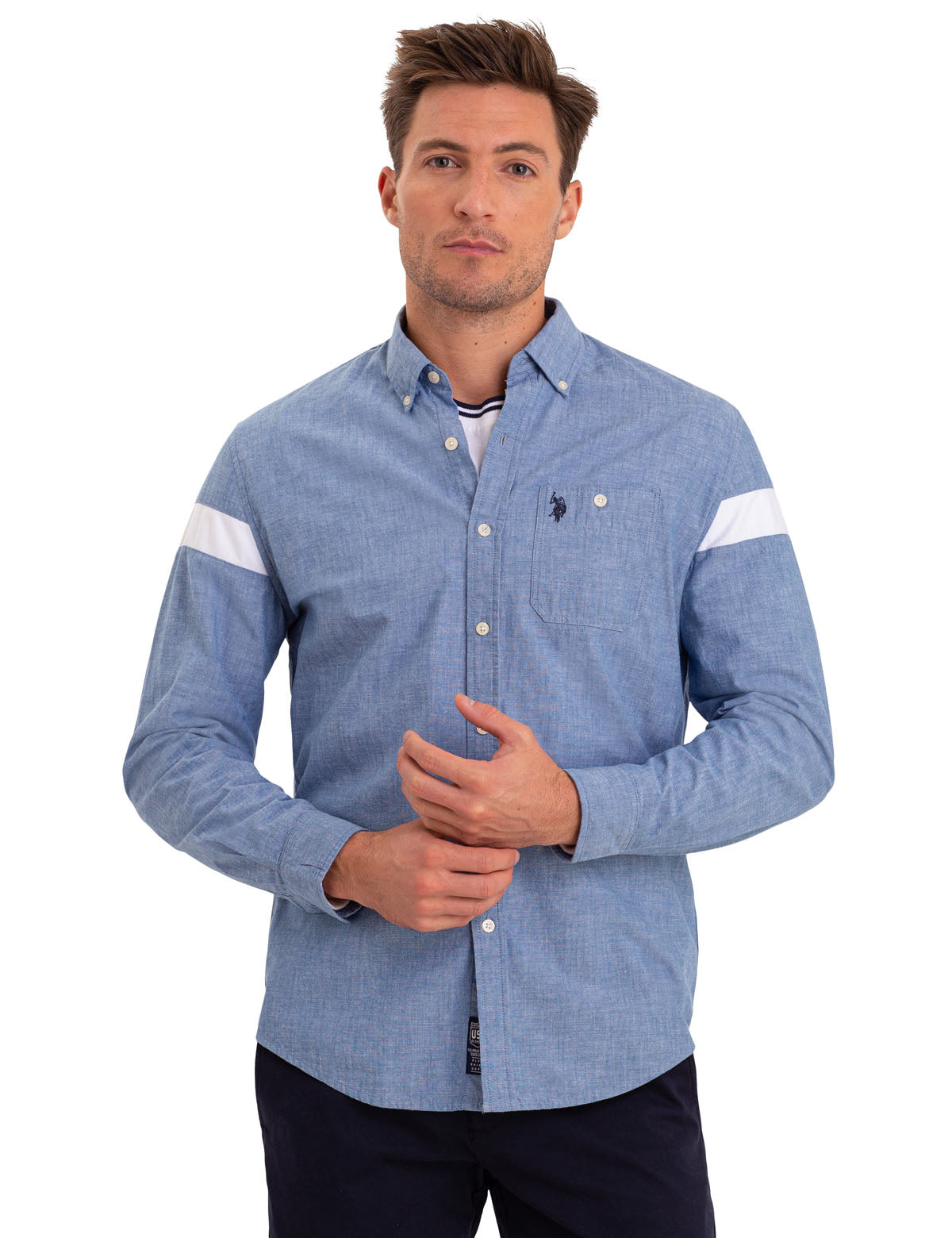 Men's Long Sleeve Cotton Shirt with Logo Stripe | USPA