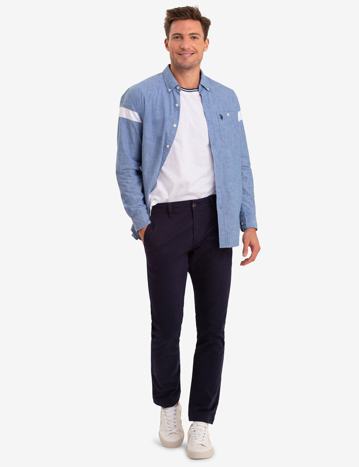 Men's Long Sleeve Cotton Shirt with Logo Stripe | USPA