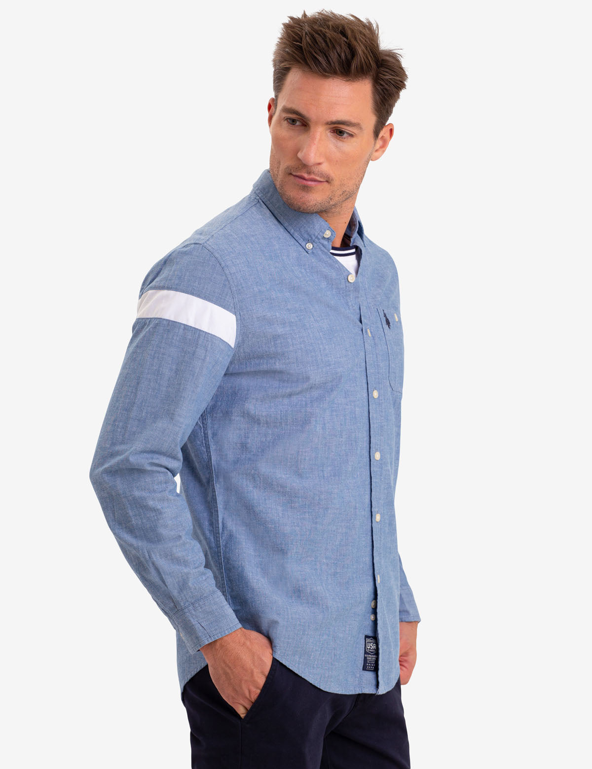 Men's Long Sleeve Cotton Shirt with Logo Stripe | USPA