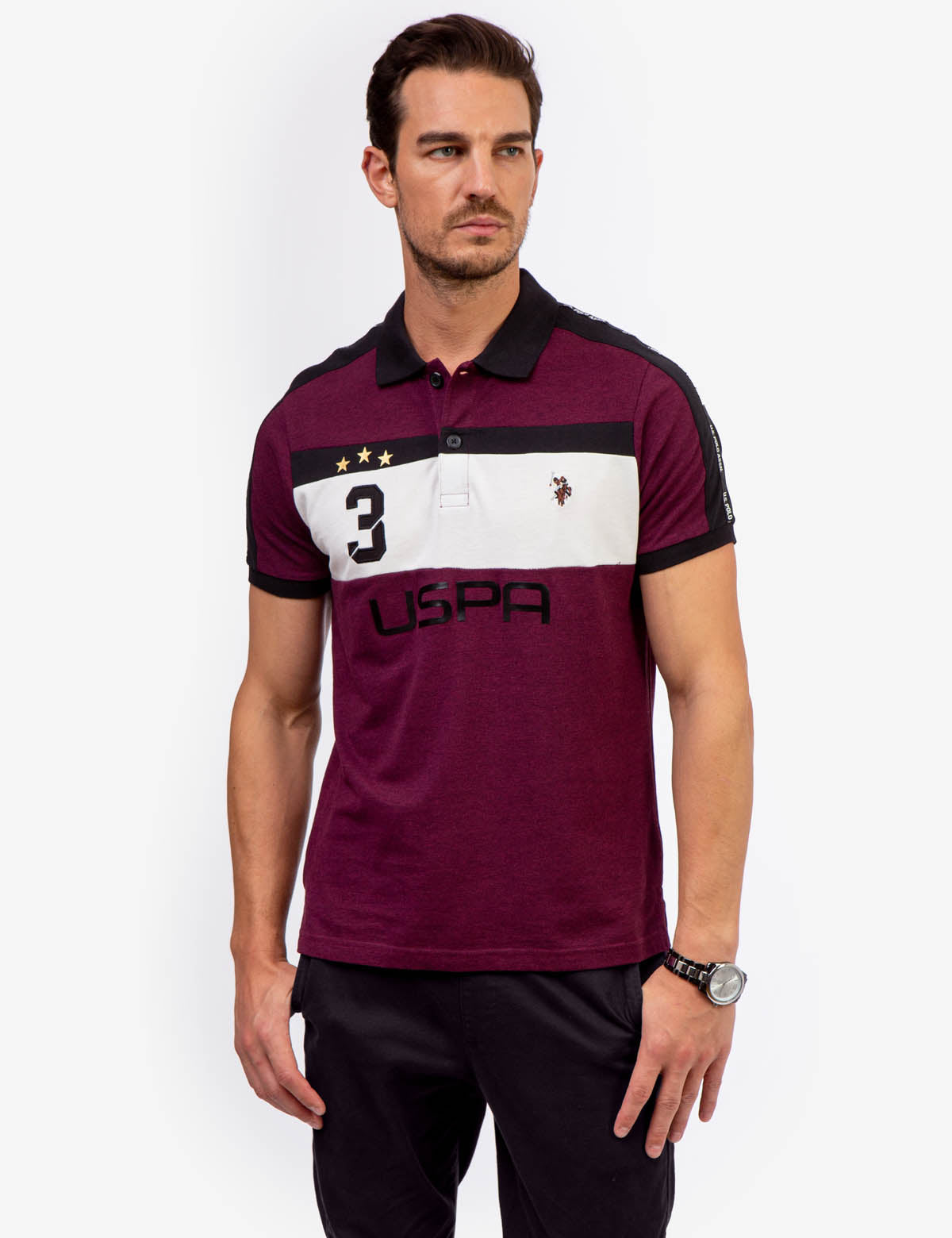 Colorblock Polo Shirt with Contrast Collar & Ribbed Cuffs | USPA