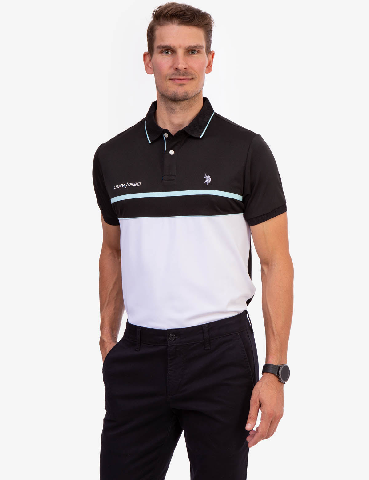 Colorblock Polo Shirt with Contrast Collar & Ribbed Cuffs | USPA