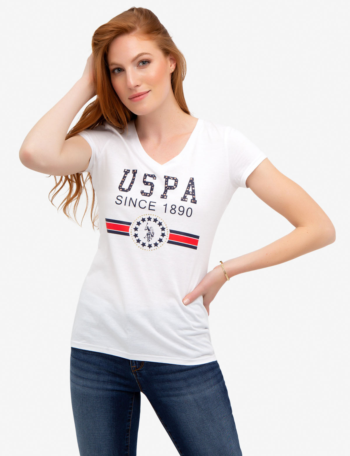 Rhinestone Embellished V-Neck Tee Shirt | USPA Cotton