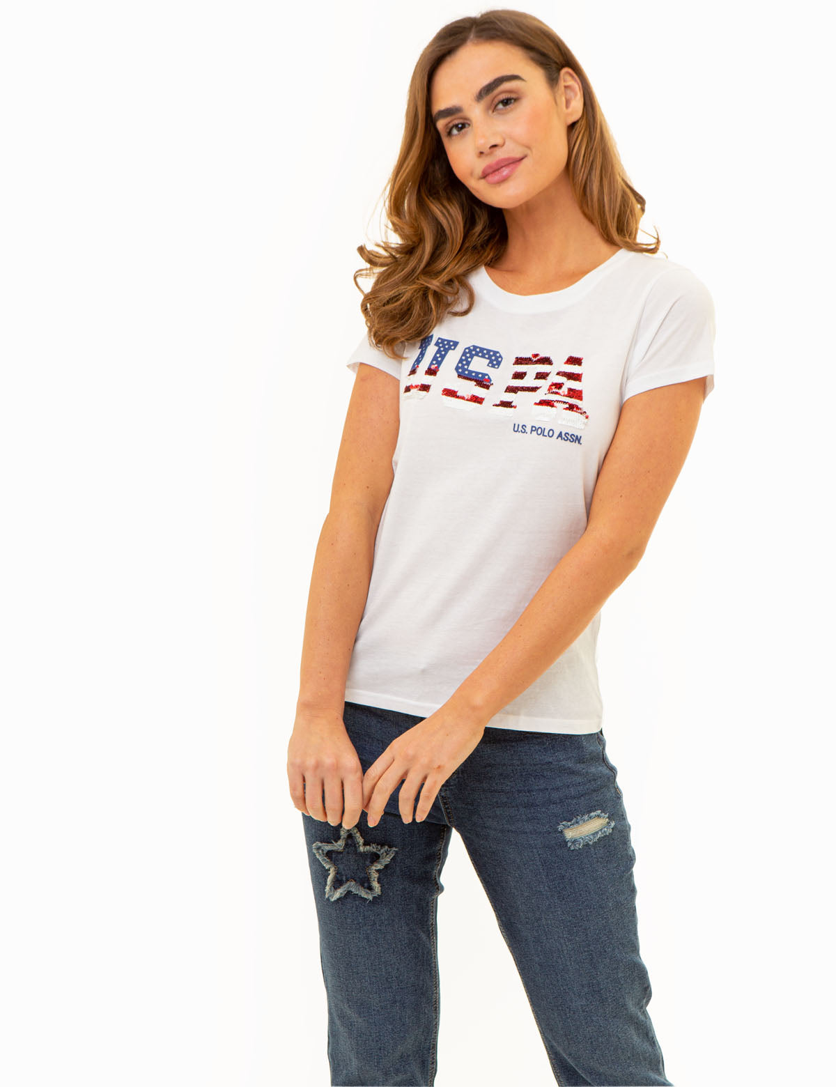 Sequins Flag Scoop Neck T-Shirt | USPA
